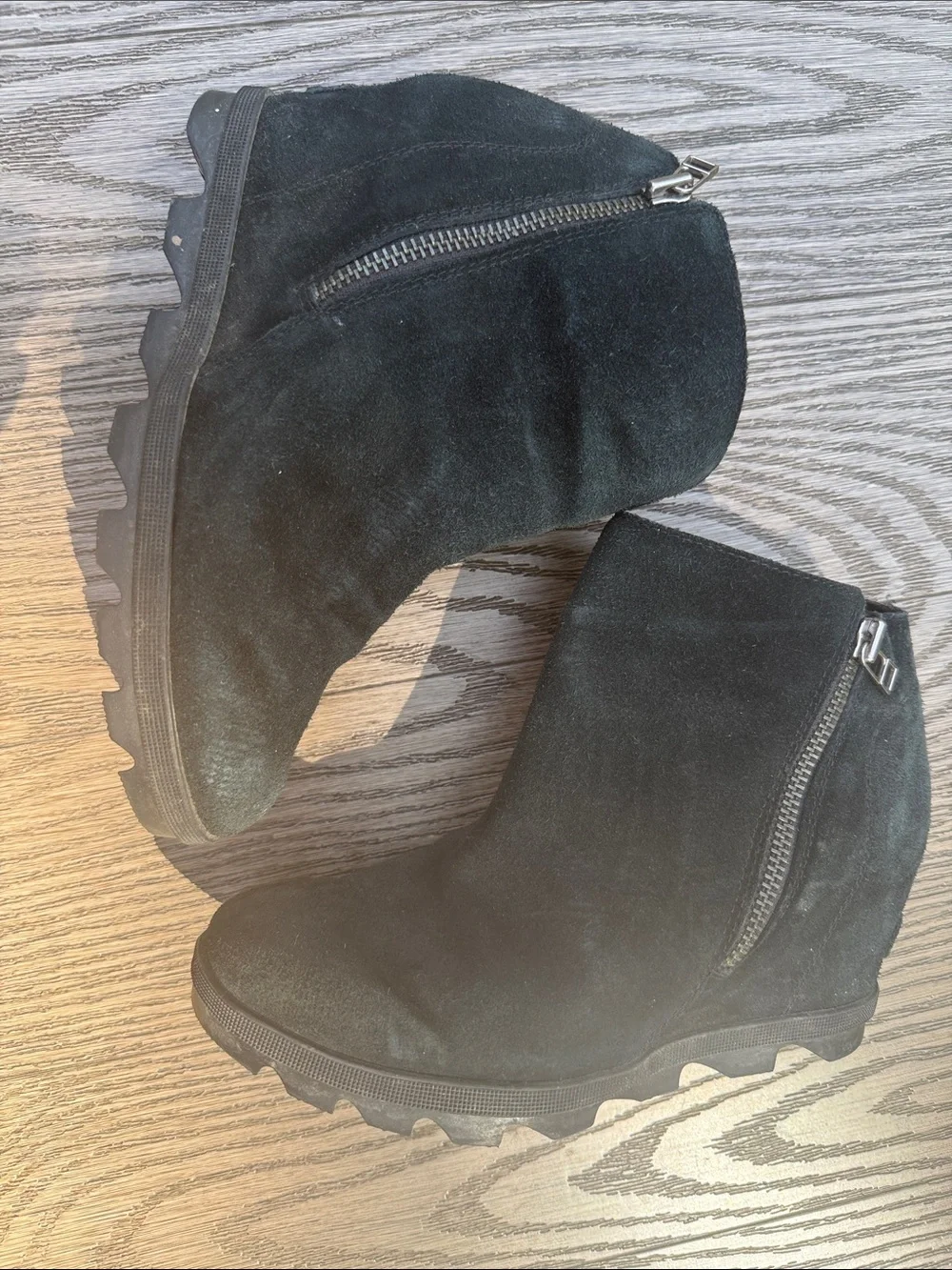 Sorel Black Suede Wedge Ankle Boots with Side Zippers